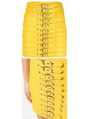 Women’s Buckle-Detail Leather Mini Skirt, Yellow